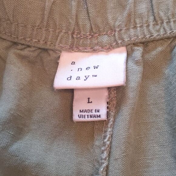 Linen Ankle Crop Pant Drawstring Elastic Waist Sage Tapered Leg Size M-L - Picture 4 of 6